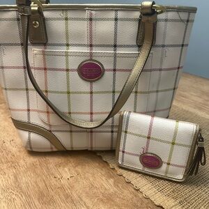 Coach White Plaid Tote and Wallet Set